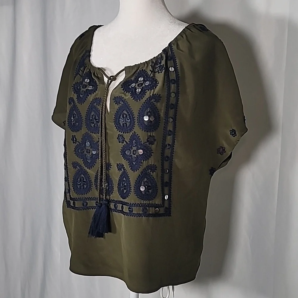 💚 TORY BURCH Silk Top with Sequins and Embroidery Size 2